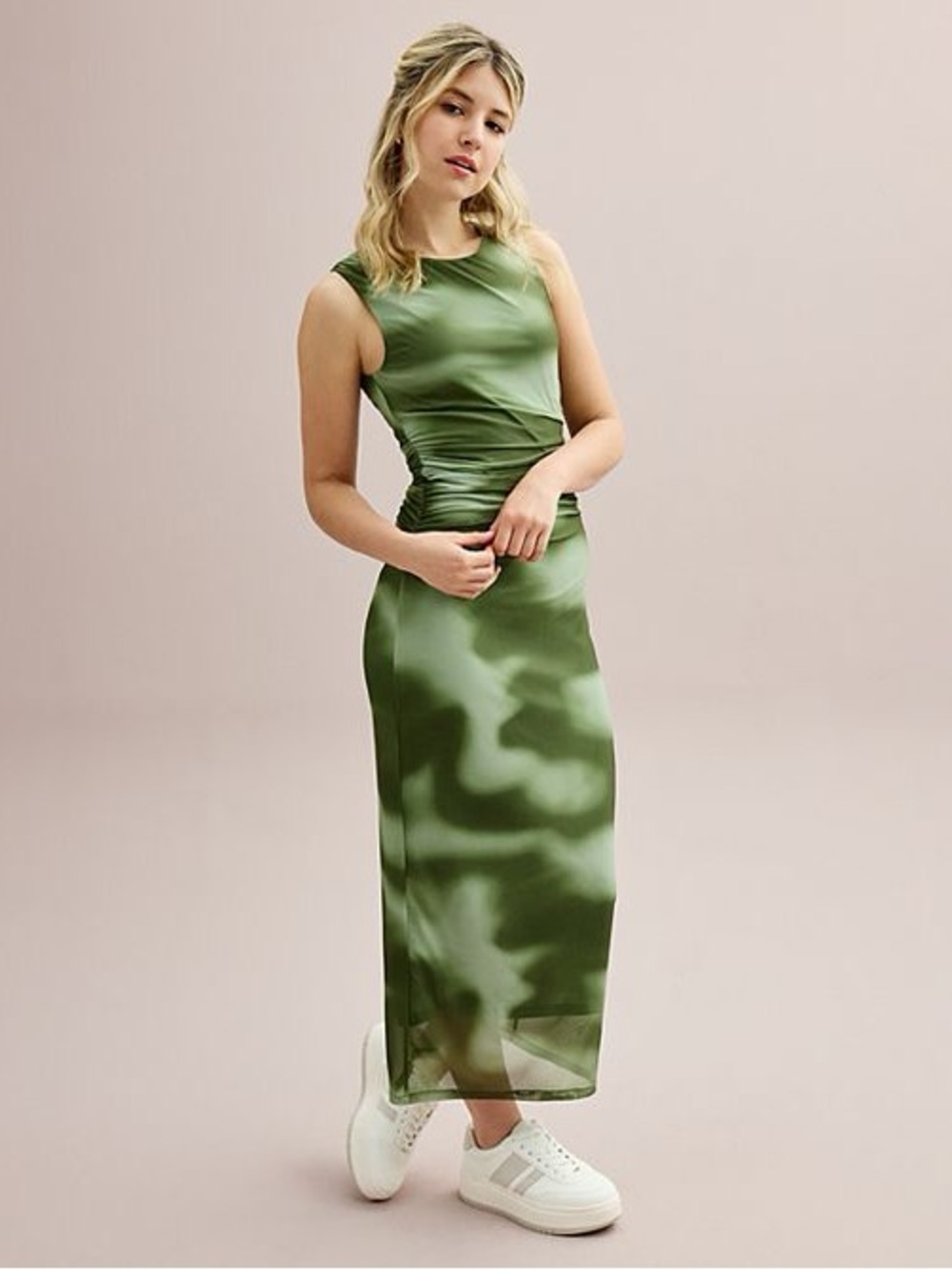 NWT Madden Girl Olive Green Ruched Side Mesh Maxi Dress Medium